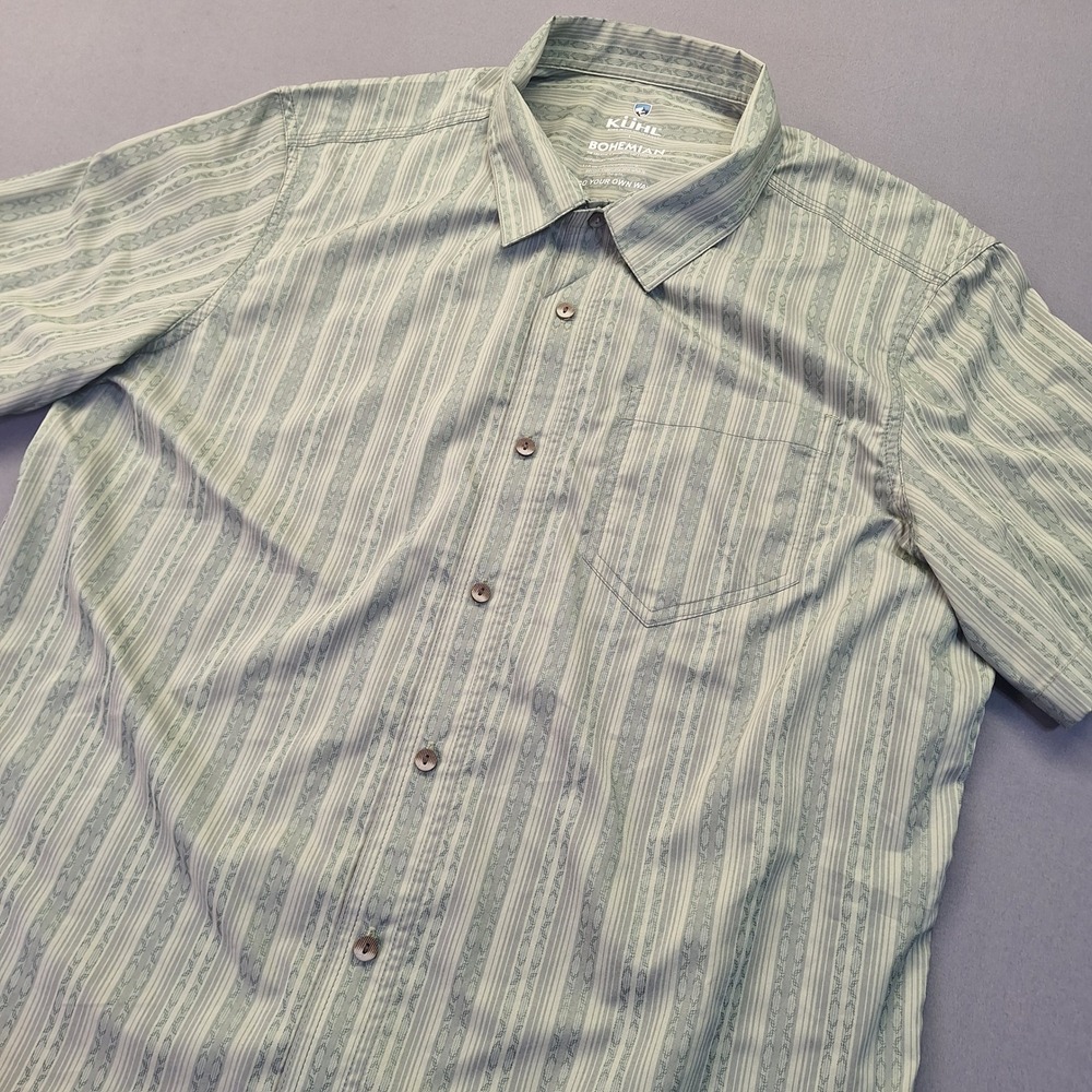 Kuhl Bohemian Mens Large Sage Green Striped Short Sleeve Button Down Shirt 7548